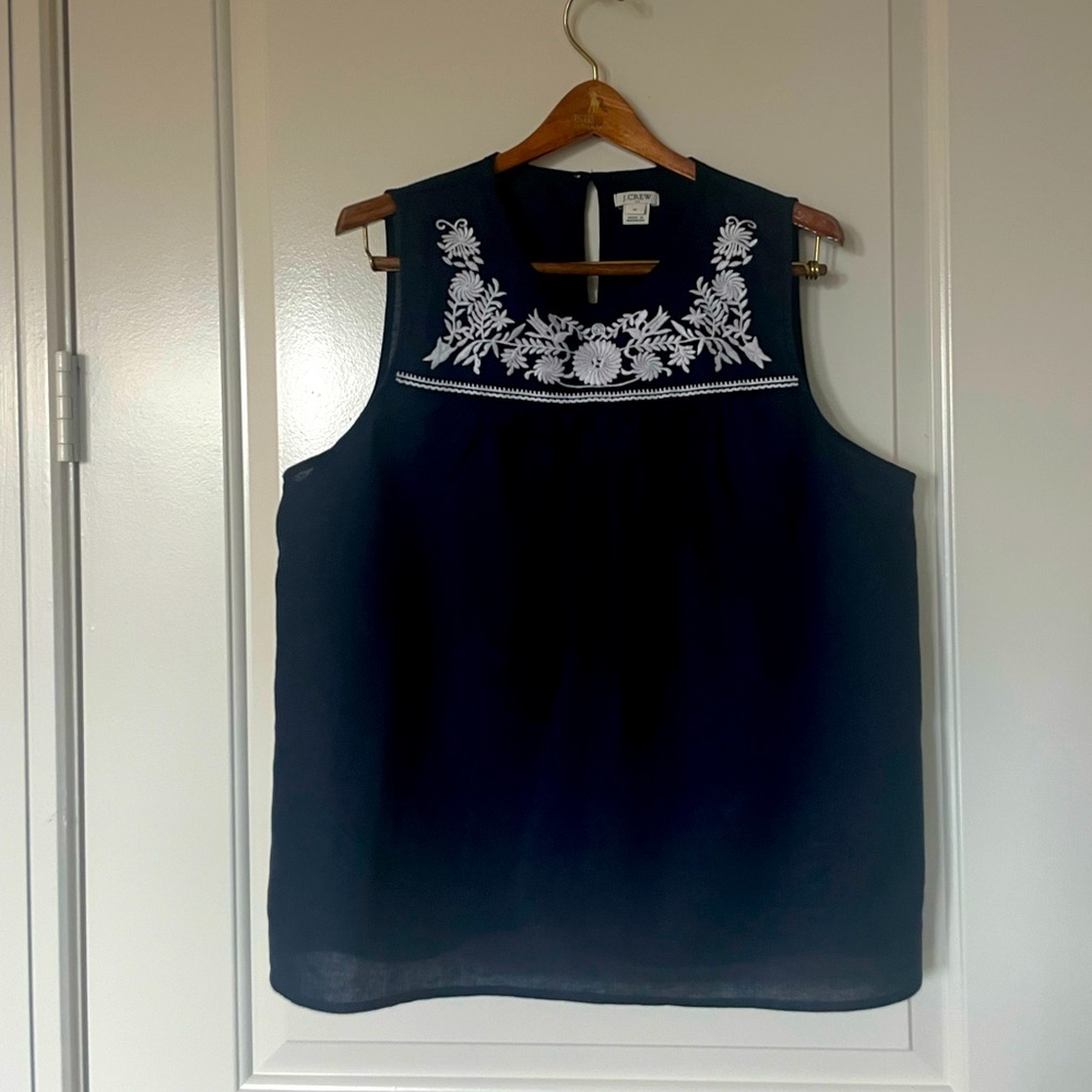 J.Crew Navy Linen/Cotton Embroidered Top